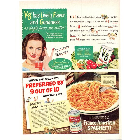 1950 V8 Vegetable Juice Cocktail Vintage Print Ad Jeanne Crain 50s Wall Art - Picture 2 of 3